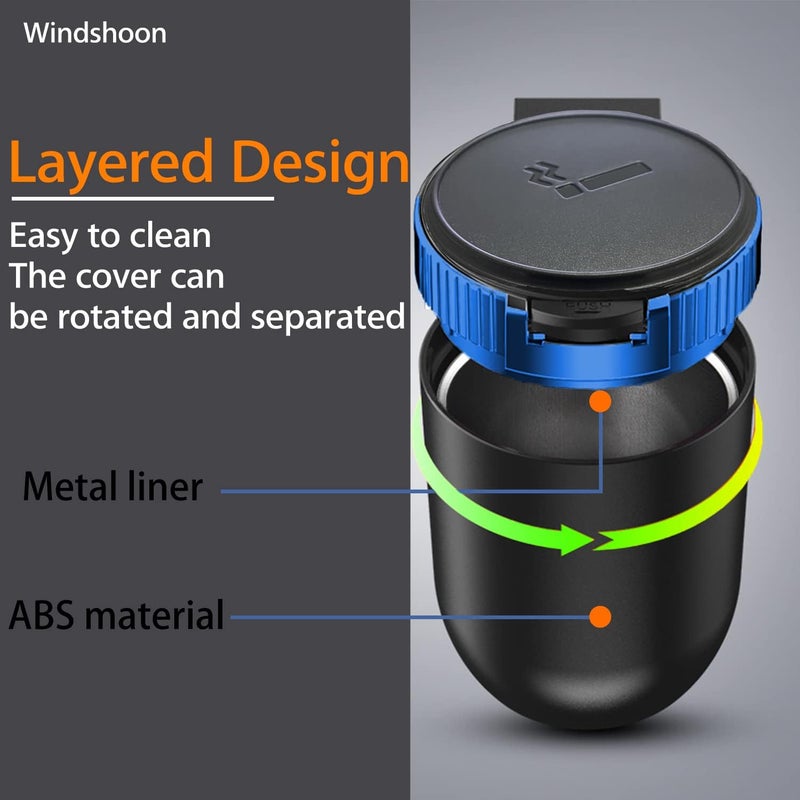 Windshoon Smokeless Car Ashtray with Lid - Stainless Steel Inner Container Windproof Ashtray, Portable LED Blue Light Auto Accessories for Travel, Detachable Mini Trash Can (Blue 1-Pack) - Image 4